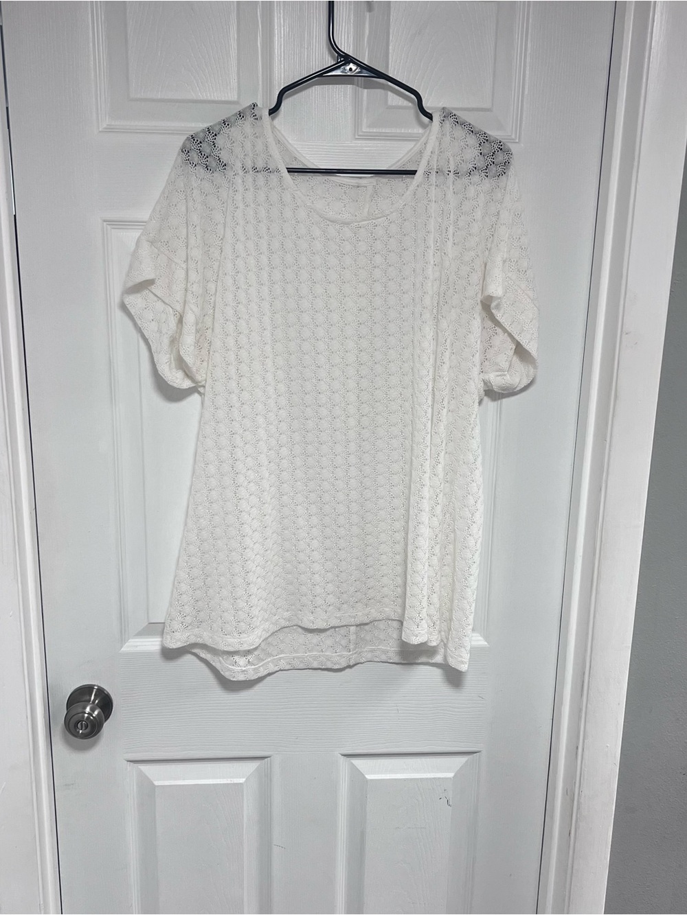 Lace See Thru Overlay Short Sleeve Tunic Top - White Size L